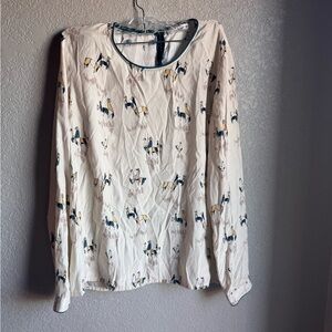 Piamita ivory green llama print silk M Blouse EUC long sleeve buttons piped